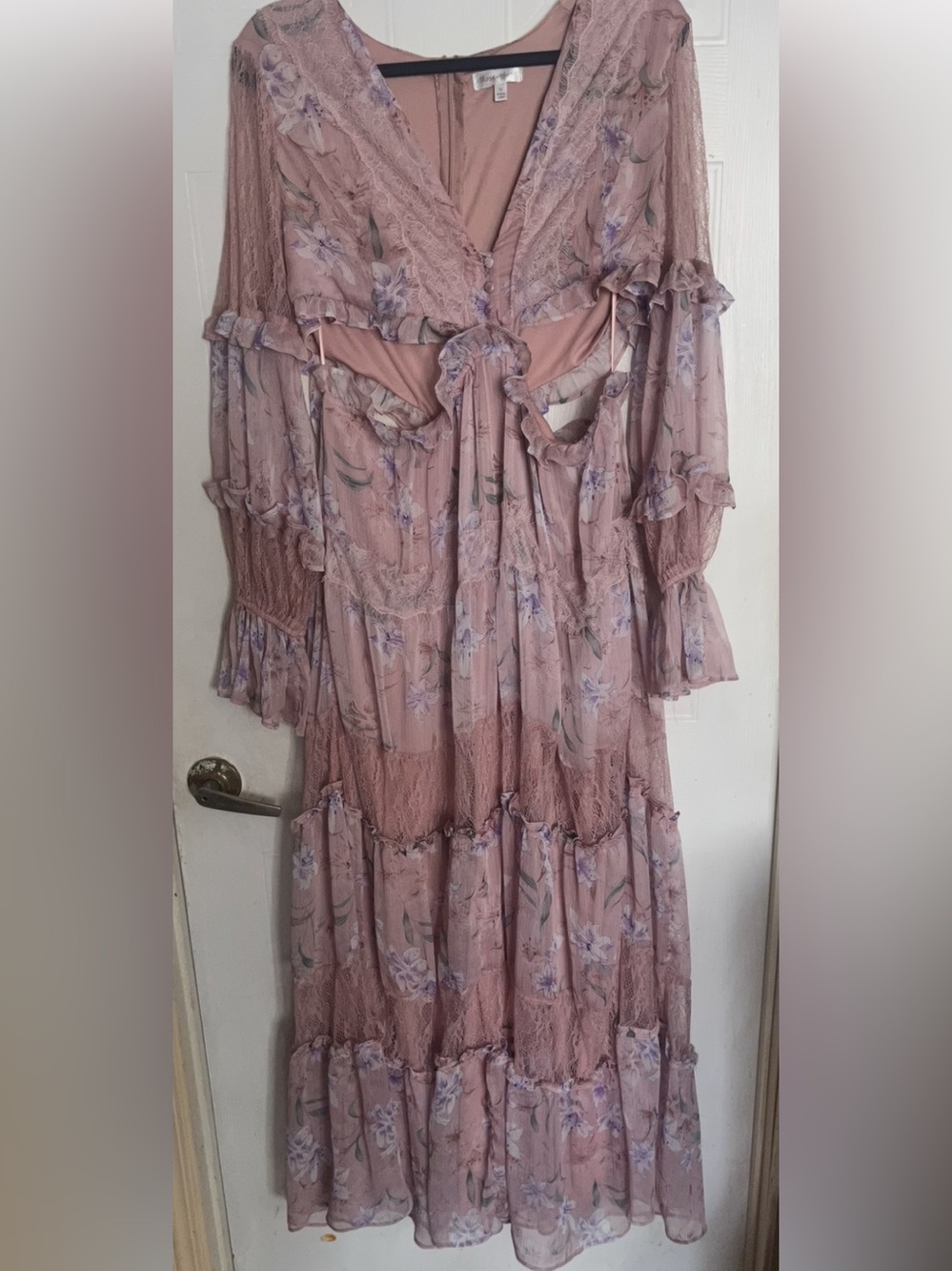 Rosevelvet Mauve Floral Tiered Maxi Dress with Ruffle Details